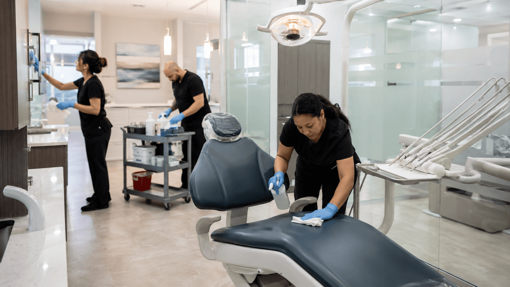 Cleaning crew disinfecting a dental treatment room